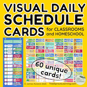 Visuella dagschemakort för fickdiagram eller klassrumsvägg - 60 ämneskort, analog och digital tid - (Utskrivbar digital nedladdning)