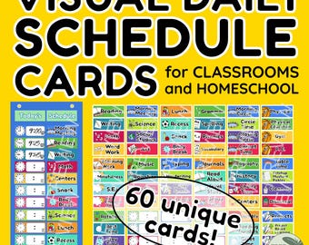 Visuelle Tagesplankarten für Taschentafeln oder Klassenzimmerwände – 60 Fachkarten, analoge und digitale Zeitangaben – (Druckbarer digitaler Download)