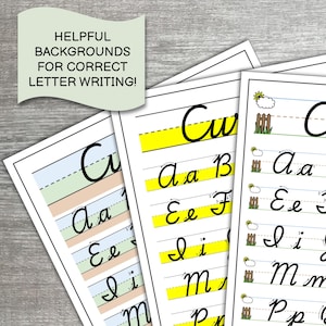 May include: Three educational handwriting practice sheets featuring cursive letters on lined paper. The pages include the text HELPFUL BACKGROUNDS FOR CORRECT LETTER WRITING! and display various alphabet characters with directional arrows for stroke guidance.