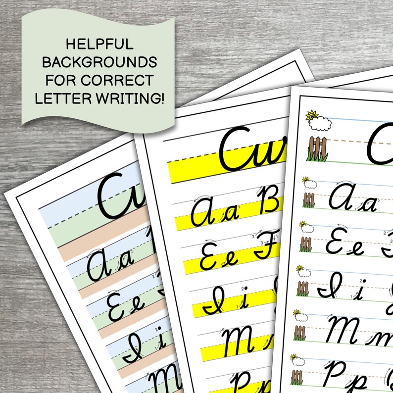 May include: Three educational handwriting practice sheets featuring cursive letters on lined paper. The pages include the text HELPFUL BACKGROUNDS FOR CORRECT LETTER WRITING! and display various alphabet characters with directional arrows for stroke guidance.