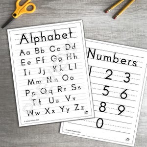 May include: Two white educational worksheets featuring black text on lined paper. One sheet displays the alphabet from A to Z in uppercase and lowercase, while the other shows numbers 0 through 9. Both sheets include the text James Ruland 2024.