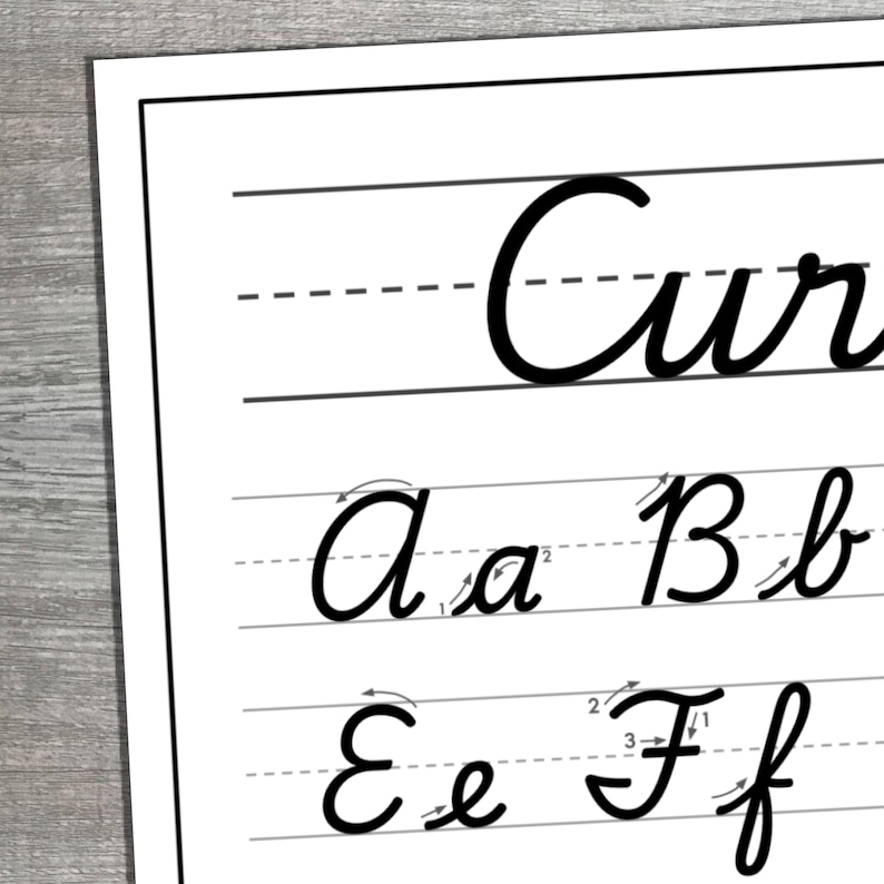 May include: A white educational practice sheet featuring black cursive lettering on lined paper. The document displays the word Cursive at the top, followed by the letters A, a, B, b, E, e, F, and f, each accompanied by small directional arrows.