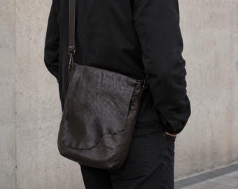Handmade Black Brown Leather Crossbody Bag, Minimalist Everyday Messenger Bag