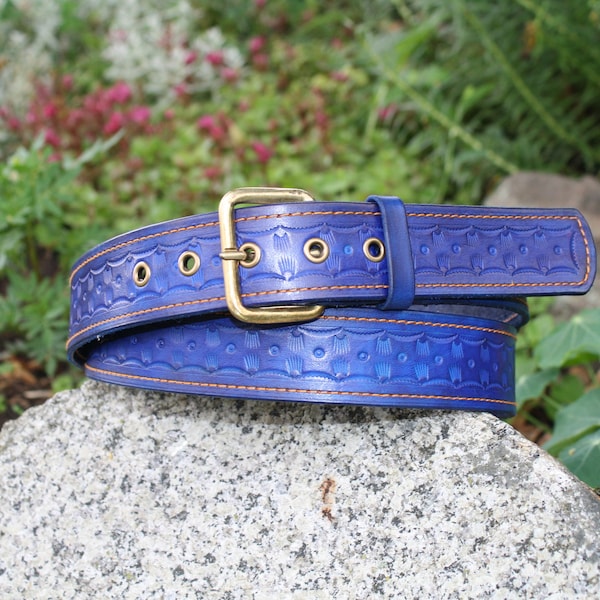 Handmade Blue Tooled Leather Belt: Vegetable Tanned Brass Buckle