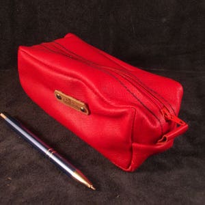 Handmade Pencil case, Pen pouch, Cosmetic case from  red genuine leather with black zipper