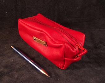 Handmade Pencil case, Pen pouch, Cosmetic case from  red genuine leather with black zipper