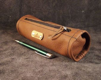 Handmade cylindrical pencil case from brown genuine leather with black zipper