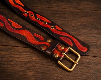 Tooled Leather Belt | Brown Vegetable Tanned Leather Belt | Men's Leather Belt | Rustic Western Belt | Brass Buckle Belt | Gift for Him
