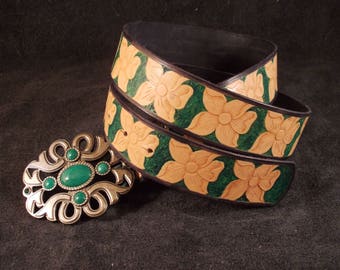 Belt with tooled flowers from vegetable tanned leather colored in black and green colors great gift for her