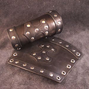 Handmade Black vegetable tanned leather  bracer pair with hammers of Thor for rockers, punks, goth, metal, viking fans