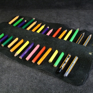 Handmade Black Leather Pencil Roll - Genuine Leather Pencil Case with Stylish Brown Stitching