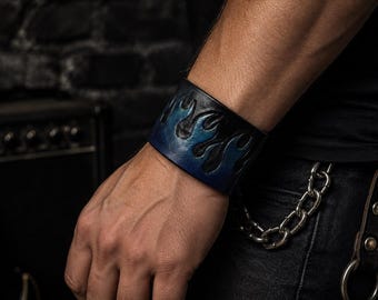 Hand-Tooled Blue Flame Leather Cuff Bracelet | Black Punk Gothic Wristband