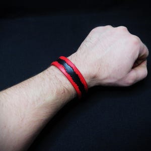 Handmade Tooled Leather Cuff: Red & Black Wristband