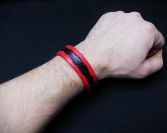 Red Black Tooled Leather Bracelet | Handmade Leather Cuff | Gothic Wristband | Artisan Leather Jewelry | Snap Closure Bracelet Gift