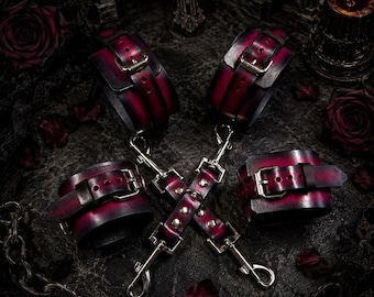 Leather Wrist Ankle Cuffs Set – Black Red Vegetable Tanned Bondage Restraints – Handmade BDSM Leather Gear bondage
