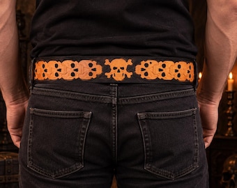 Handmade Black Vegetable Tanned Leather Belt, Gothic Skull Ornament, Metal Buckle (2mm)