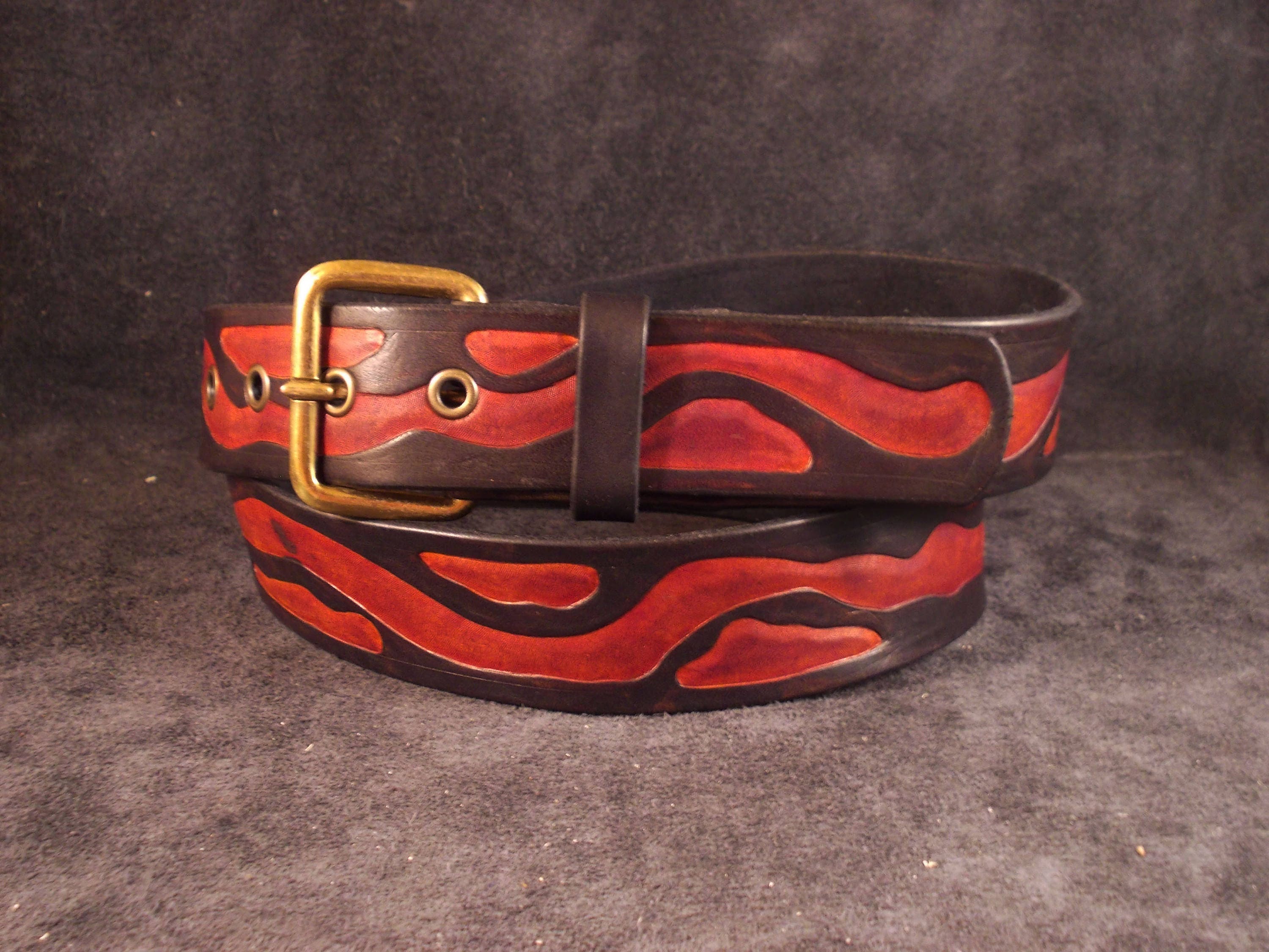 Brown tooled belt from vegetable tanned leather great gift for him