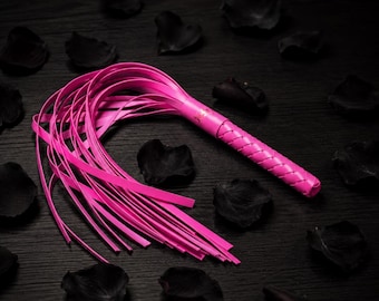 Pink Leather Flogger – Handmade Leather Whip with Wooden Handle – Impact Play Accessory – Adult Leather Gift