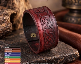 Handmade Tooled Leather Viking Cuff, Celtic Knot Wristband, Folk Ornament