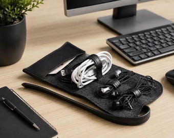 Leather Cable Organizer | Handmade Cord Wrap | Travel Tech Organizer | Leather Cable Holder | Charger Storage Roll