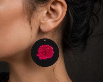 Handmade Black Leather Rose Earrings | Hand-Tooled Floral Statement Jewelry