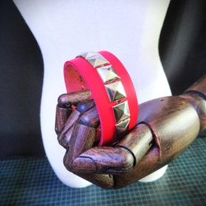 Custom Black  Bracelet with Spikes, Gothic Inspired Red Leather Accessory, Spiked bracer, Goth, punk style bracelet, Alternative music cuff