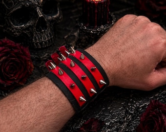 Triple Buckle Leather Bracelet | Handmade Cuff | Gothic Punk Wristband | Wide Adjustable Black Red Bracelet | Biker Rock Jewelry