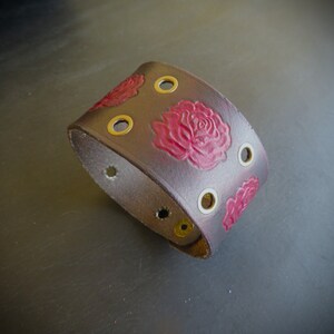 Handmade Black Leather Cuff Bracelet: Tooled Red Roses, Brass Eyelets