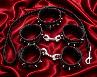 Leather Restraint Set, Black Red Leather Collar, Wrist & Ankle Cuffs, Spiked Cuffs with Leash