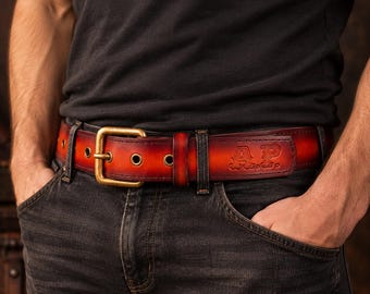 Handmade Vegetable-Tanned Leather Belt, Custom Initials, Chocolate Brown, Brass Buckle