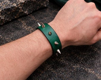 Green Leather Spike Bracelet, Punk Leather Cuff, Gothic Spiked Wristband, Handmade Rock Metal Bracelet, Alternative Style Gift