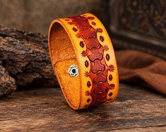 Hand Tooled Leather Bracelet, Yellow Brown Leather Cuff, Handmade Veg Tan Wristband, Western Boho Bracelet, Custom Size Leather Jewelry