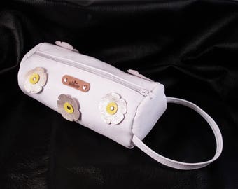 Handmade white leather cylindrical bag with gold color flowers from genuine leather, makeup pouch with flowers, great gift
