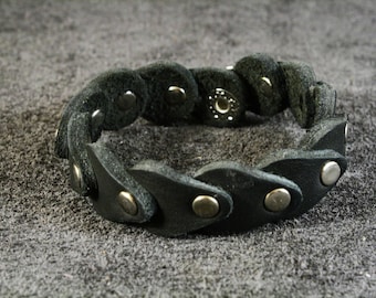 Handmade Black Leather Scale Bracelet with Snap Buttons - Custom Fit Wristband
