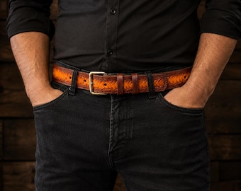Handmade Tooled Leather Belt, Vegetable Tanned, Brass Buckle, Western Rustic Style