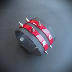 Custom Red Patent and Black Leather Bracelet with Edgy Spikes, Gothic Inspired Leather Accessory - Edgy Punk Bracelet