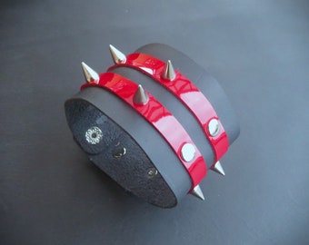 Red Patent Leather Spike Bracelet | Handmade Punk Leather Cuff | Goth Studded Wristband | Heavy Metal Biker Bracelet | Rocker Jewelry