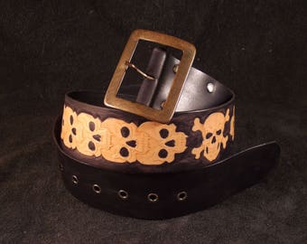 Handmade leather black belt with skulls for rockers and heavy metal fans