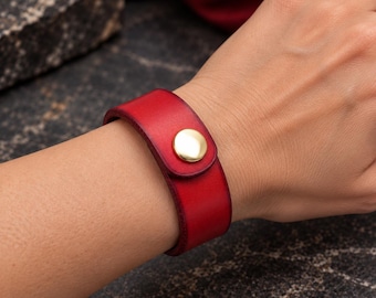 Red Leather Cuff Bracelet: Unisex Style, 2cm Wide Bangle, Red wrist accessory