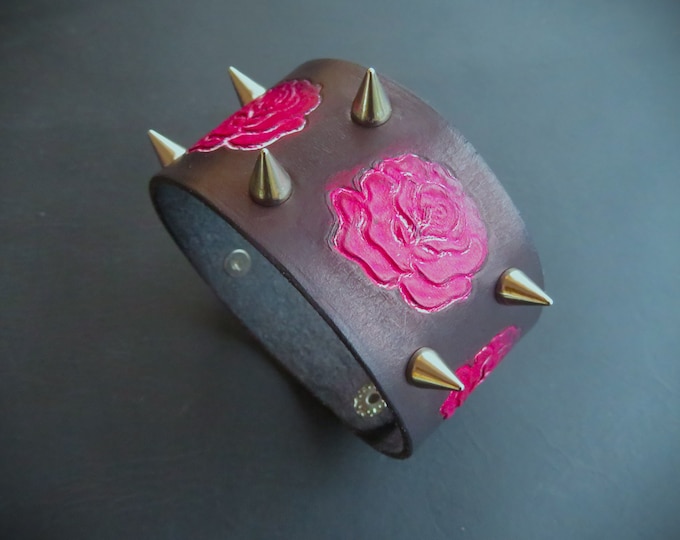 Custom Black Leather Bracelet with Tooled Red Roses and Spikes, Elegant Leather Wristband with Roses for Women and Girls