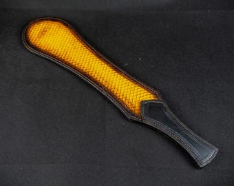 Tooled Leather Spanking Paddle – Handmade Brown & Yellow  Leather Impact Play Accessory – Artisan Gothic Spank Slapper