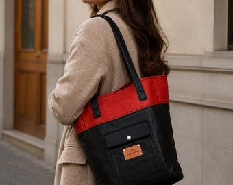 Handmade Leather Tote Bag | Umber Brown Shoulder Bag with Zipper Pocket