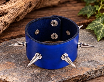 Leather Spike Bracelet, Wide Punk Cuff, Goth Leather Wristband, Spiked Bracelet, Custom Color Leather Cuff, Unisex Alternative Jewelry