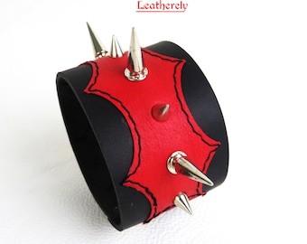 Red Black Spiked Leather Bracelet | Punk Leather Cuff | Goth Wristband | Heavy Metal Jewelry | Biker Bracelet Alternative Fashion Accessory