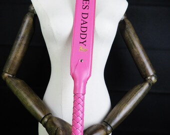 Pink Leather Spanking Paddle – Handmade Impact Play Accessory – Braided Handle Leather Paddle – Adult Leather Gift Spanker