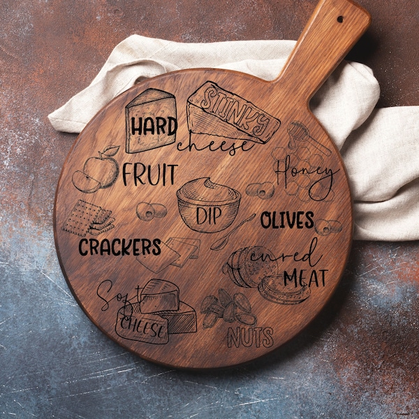 Charcuterie Board Circle SVG, Glowforge, Custom Cutting Board, Digital File, Wine and Cheese, Engraved Cutting Board, Laser Engrave File