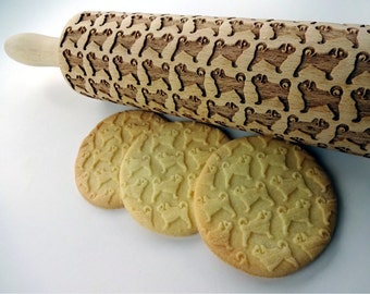 Pug / Mops pattern Embossing Rolling Pin. Pug Mops Dog pattern. Engraved rolling pin with PUGS for embossed cookies or pasta.