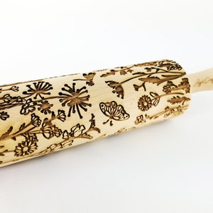 MEADOW embossing Rolling pin Wooden embossed dough roller with wild flowers for embossed cookies and pottery by Algis Crafts image 4