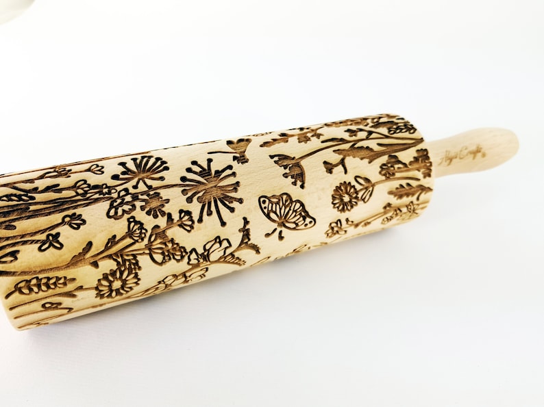 MEADOW embossing Rolling pin Wooden embossed dough roller with wild flowers for embossed cookies and pottery by Algis Crafts image 4