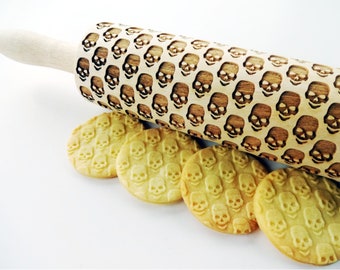 SKULLS Embossing Rolling Pin. Pattern with skulls. Laser engraved rolling pin. Death's-head pattern rolling pin. **Halloween**